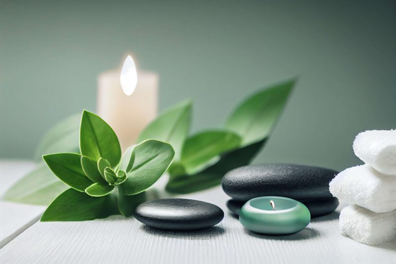 Smooth massage stones laid out and heating for a hot stone session at Work Well Massage